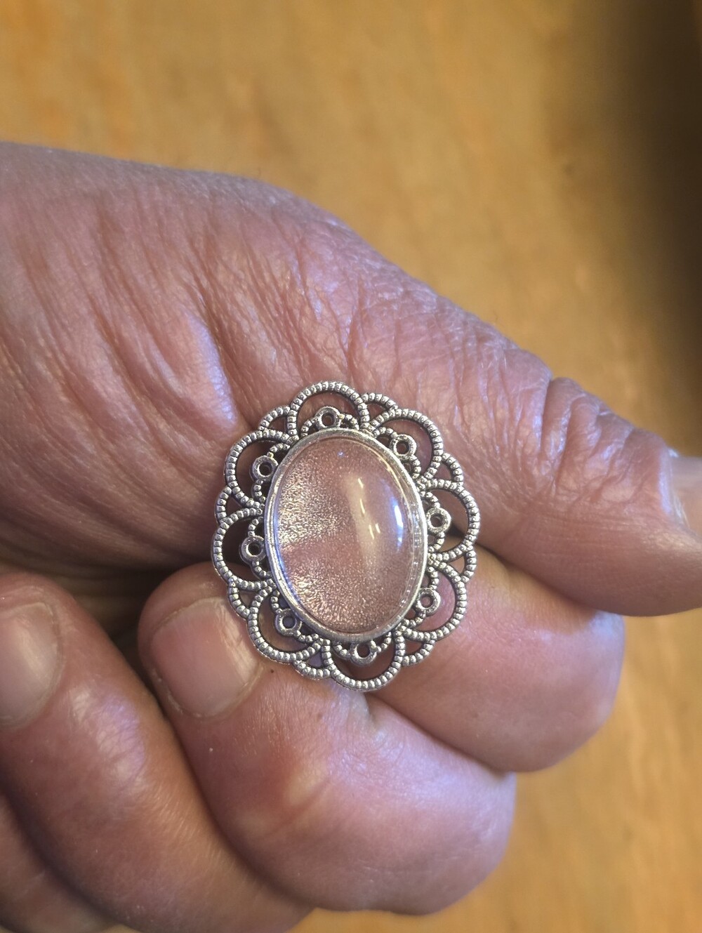 Pink Oval Gemstone In Silver Tone Bezel Adjustable Ring